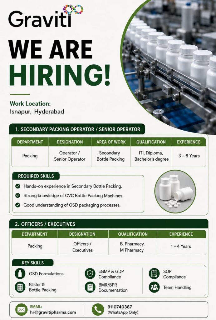 Graviti Pharma Hiring Packing Operator, Senior Operator, Officer & Executive Jobs