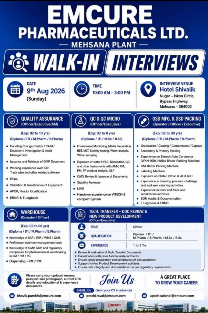 Emcure Pharmaceuticals Walk-In Interview 2026