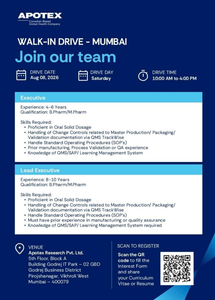 Apotex Walk-In Drive for Regulatory Affairs Jobs