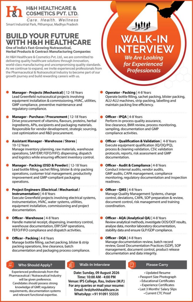 H&H Healthcare Walk-In Interview for Multiple Pharma Job Openings
