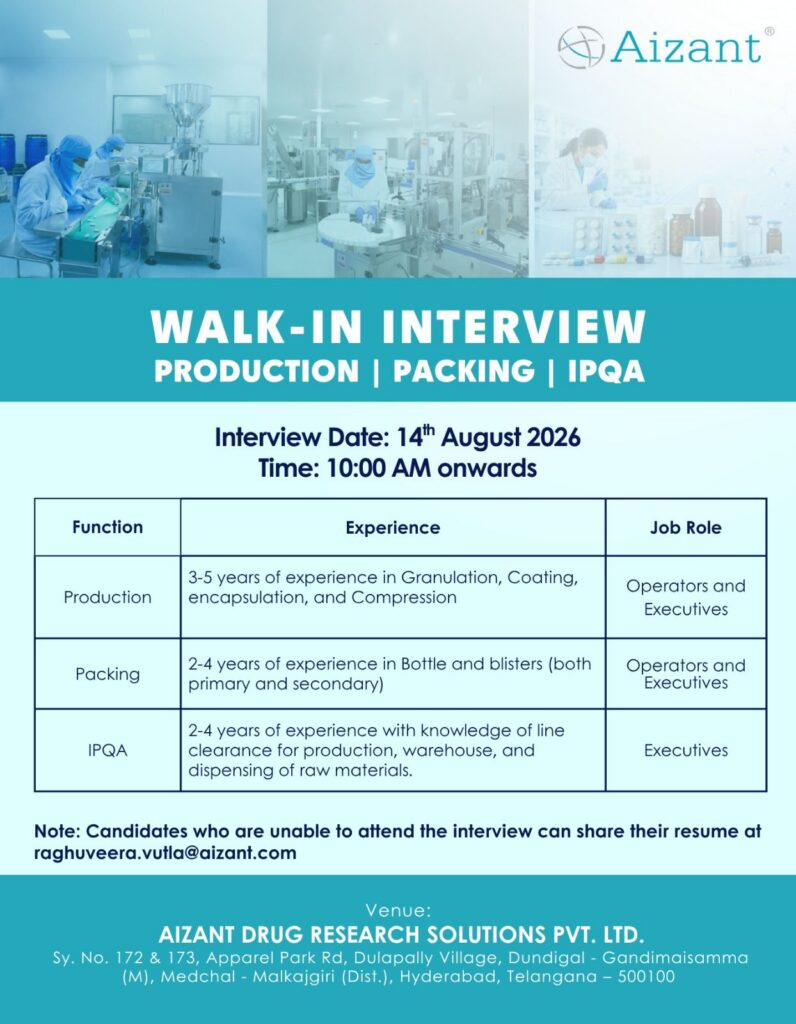 Aizant Drug Research Solutions Walk-In Interview for Production, Packing & IPQA Jobs