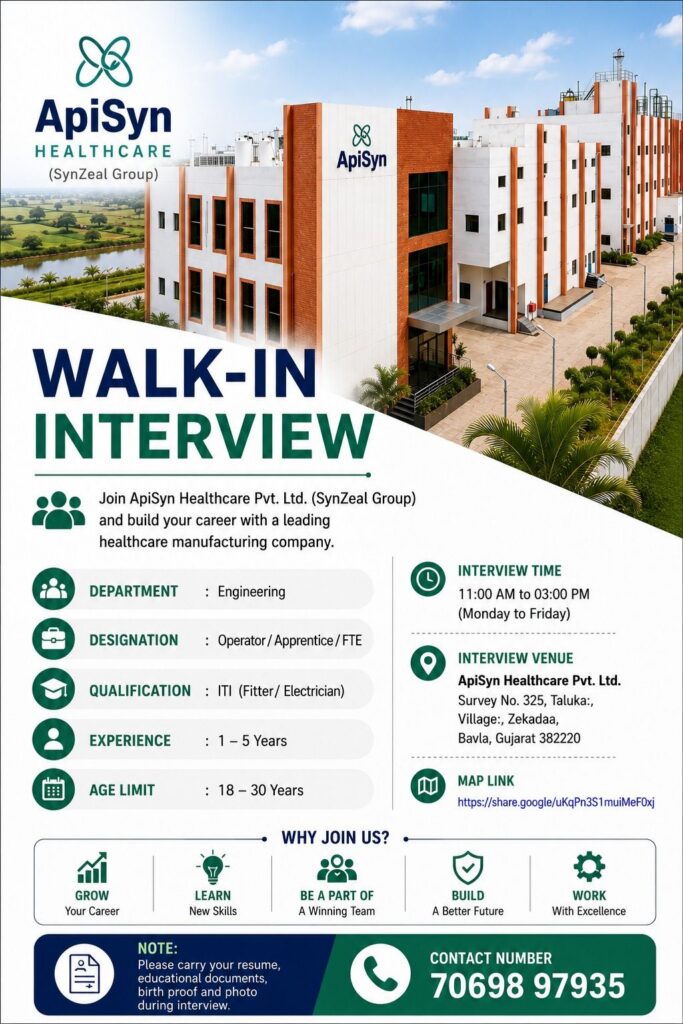ApiSyn Healthcare Walk-In Interview 2026 – Operator, Apprentice & FTE Jobs