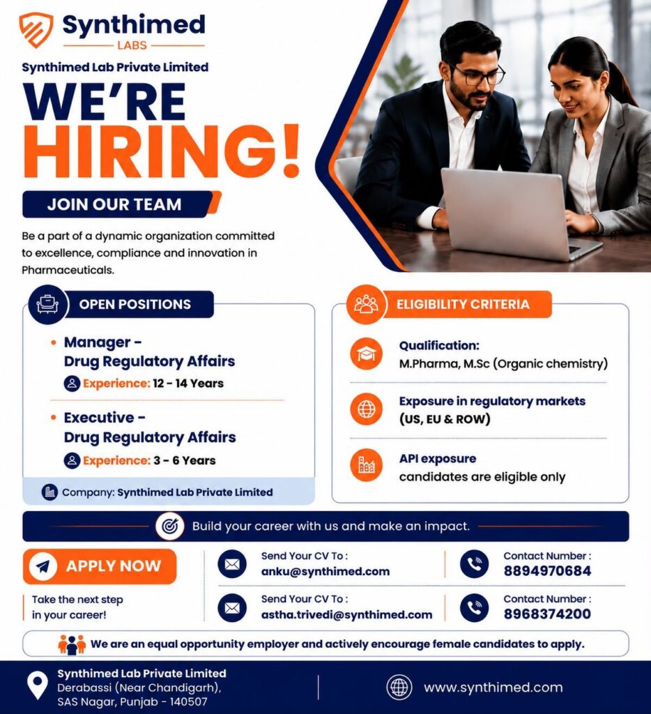 Synthimed Lab Recruitment 2026 – Drug Regulatory Affairs Jobs