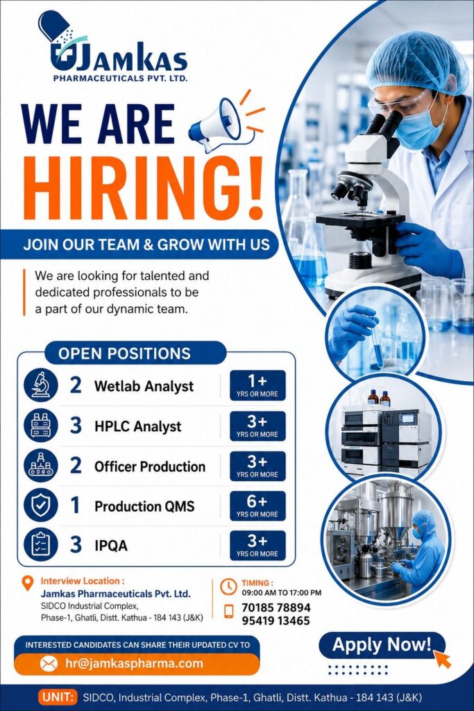 Jamkas Pharmaceuticals Recruitment 2026 – Multiple Job Openings