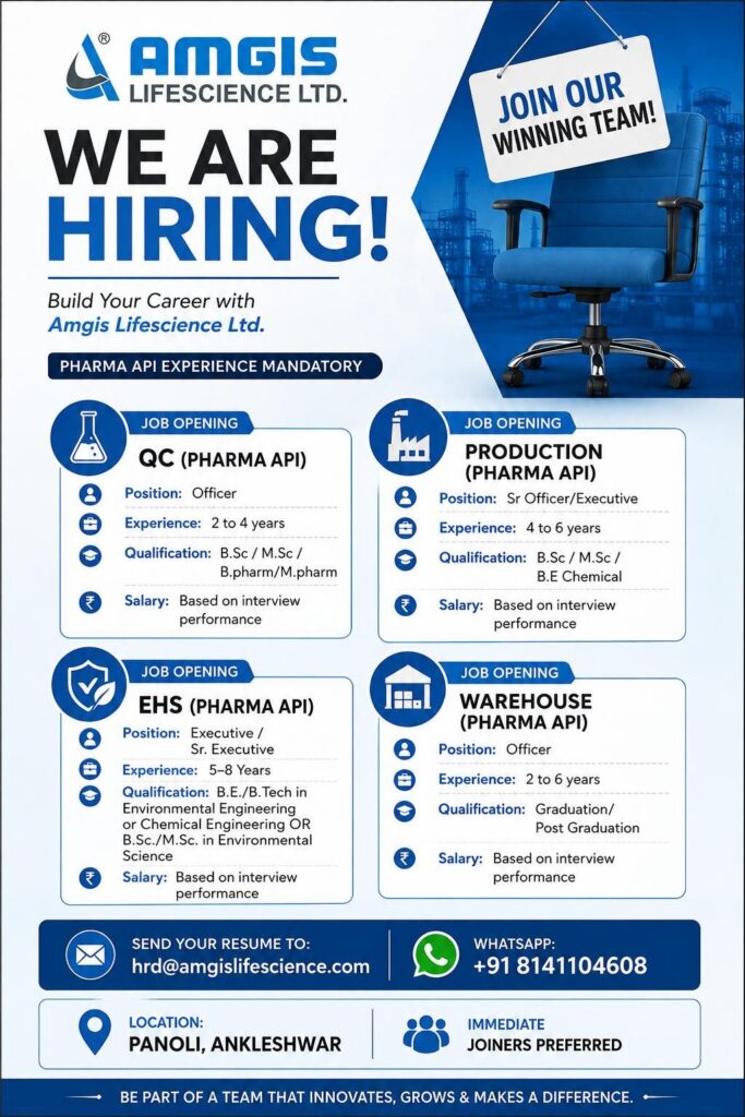 Amgis Lifescience Ltd. Hiring 2026 | QC, Production, EHS & Warehouse Jobs