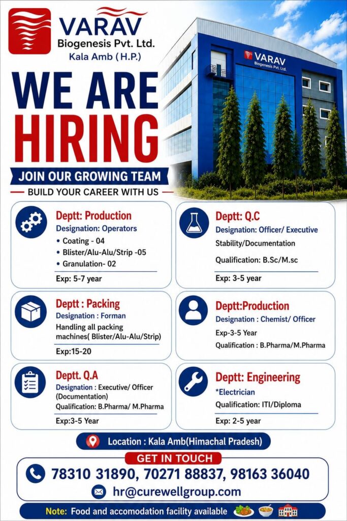 Varav Biogenesis Pvt. Ltd. Hiring 2026 – Multiple Pharma Jobs