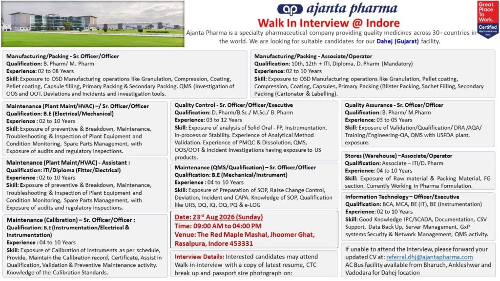 Ajanta Pharma Walk-In Interview 2026 – Multiple Openings for Dahej, Gujarat