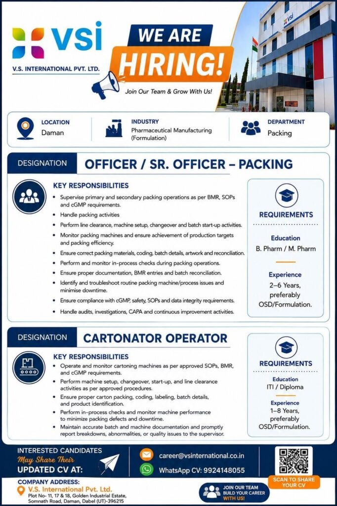 V.S. International Pvt. Ltd. Hiring for Packing & Cartonator Operator Jobs
