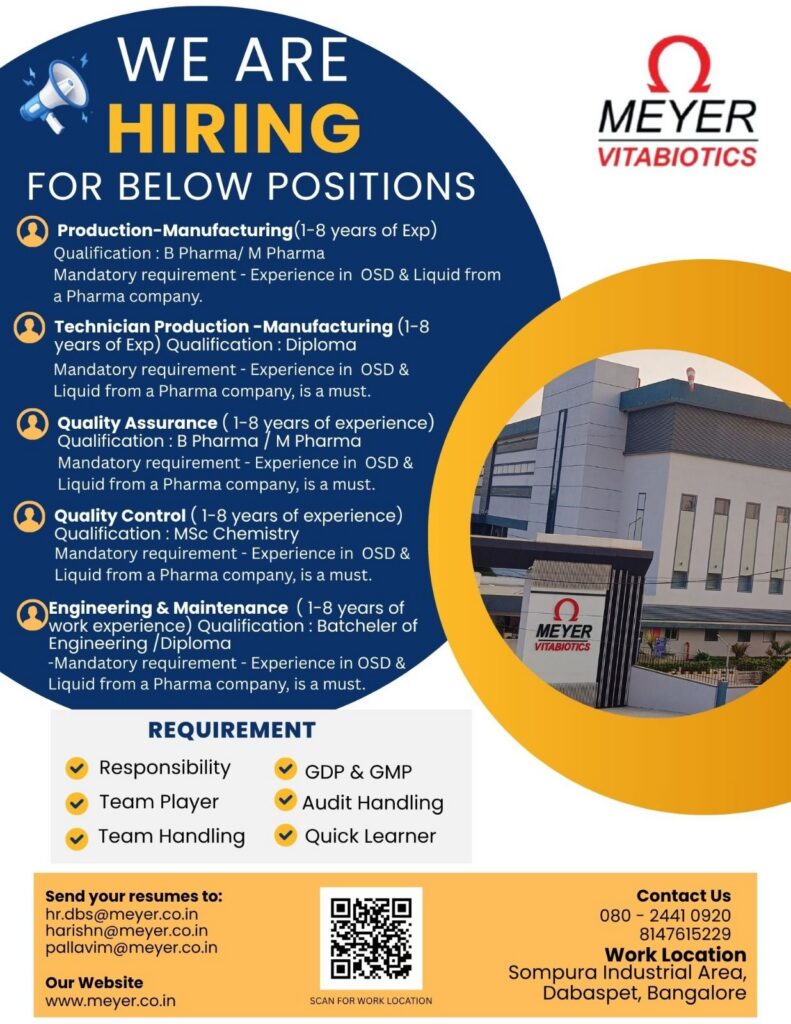 Meyer Vitabiotics Hiring 2026 – Multiple Pharma Jobs in Bangalore