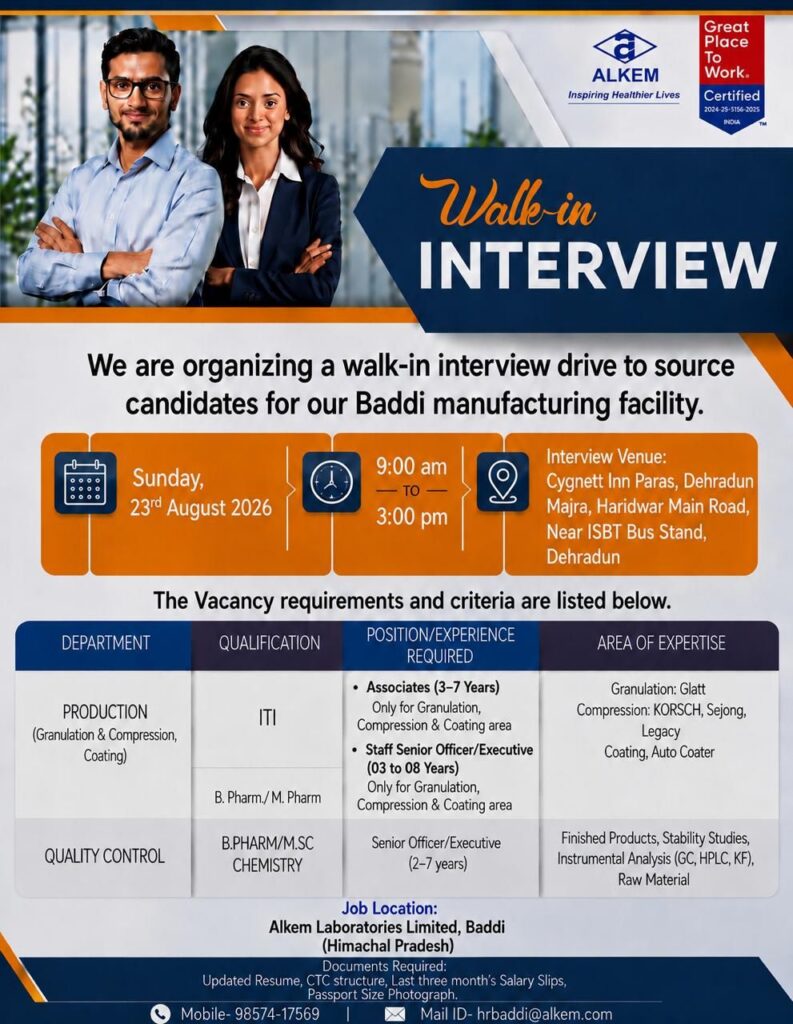 Alkem Laboratories Walk-In Interview 2026 – Production & QC Jobs