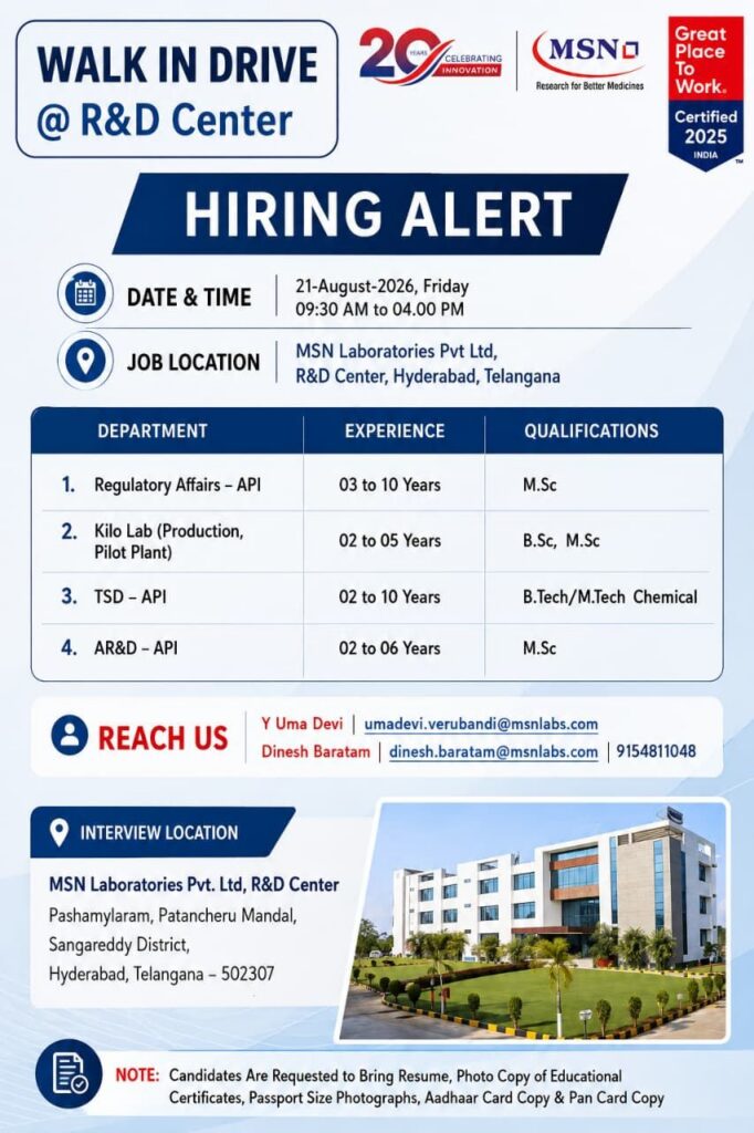 MSN Laboratories Walk-In Drive 2026 – R&D Jobs in Hyderabad