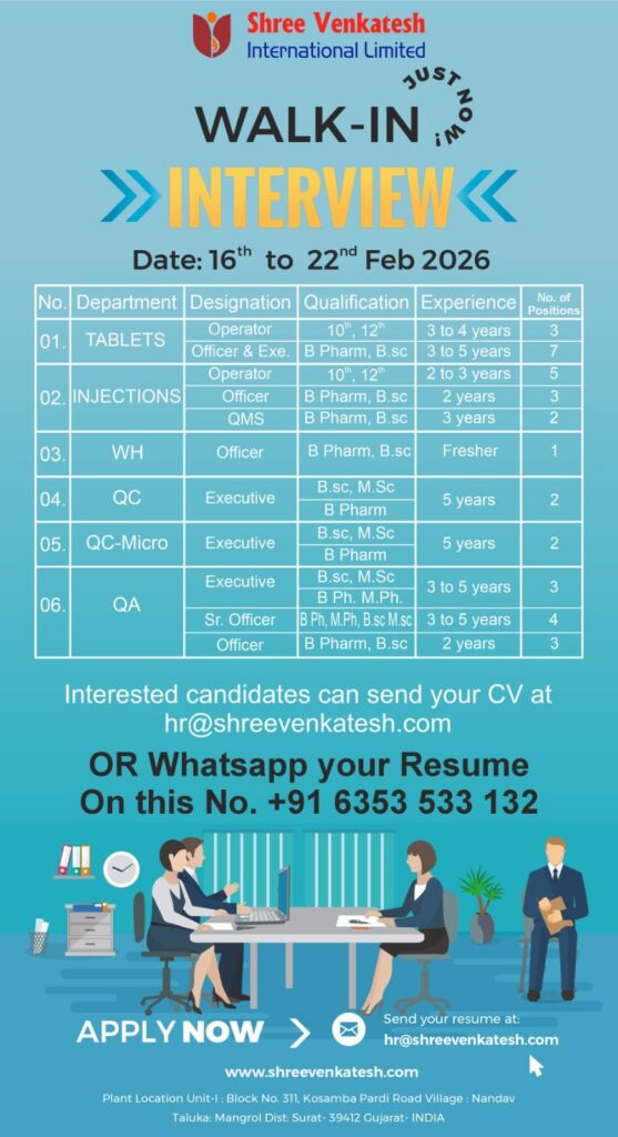 Shree Venkatesh International Walk-In Interview | Pharma Jobs in Surat
