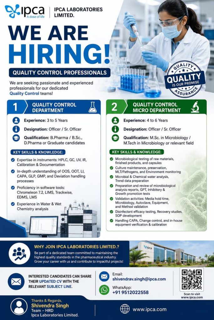 Ipca Laboratories Limited. Hiring 2026 – Quality Control Professionals