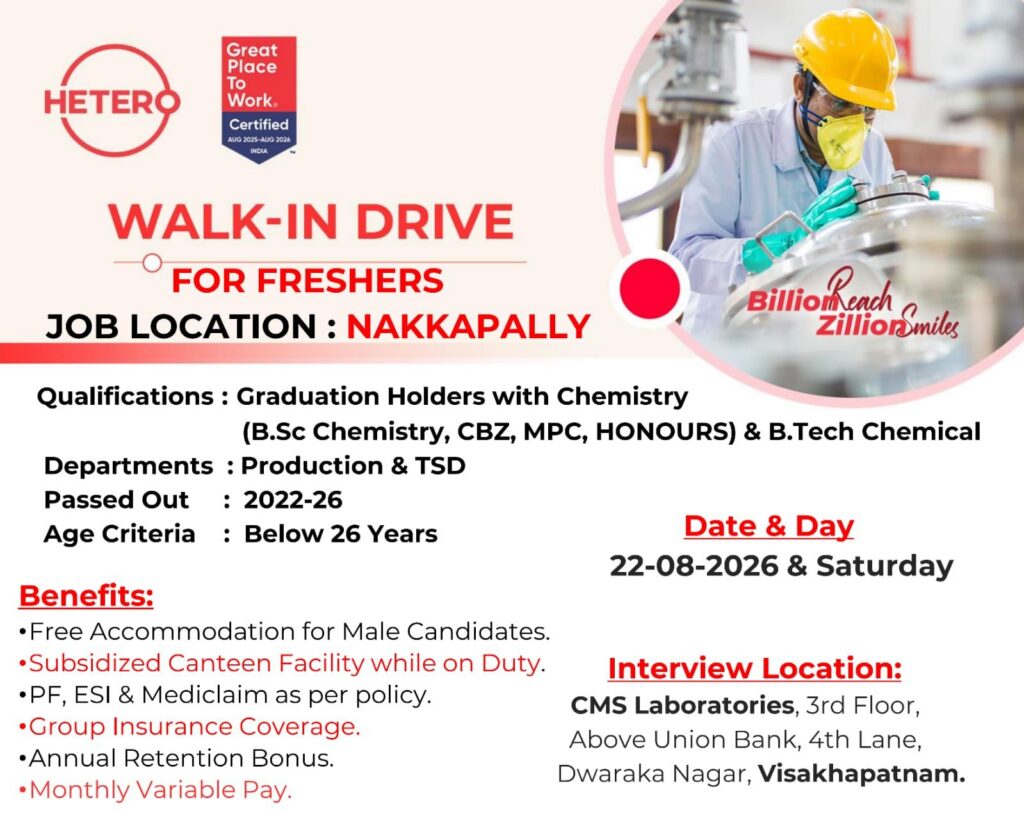 Hetero Walk-In Drive for Freshers | B.Sc Chemistry & B.Tech Chemical Jobs