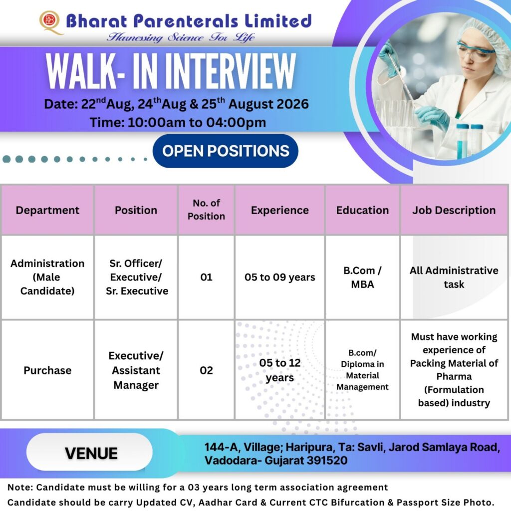 Bharat Parenterals Walk-In Interview 2026