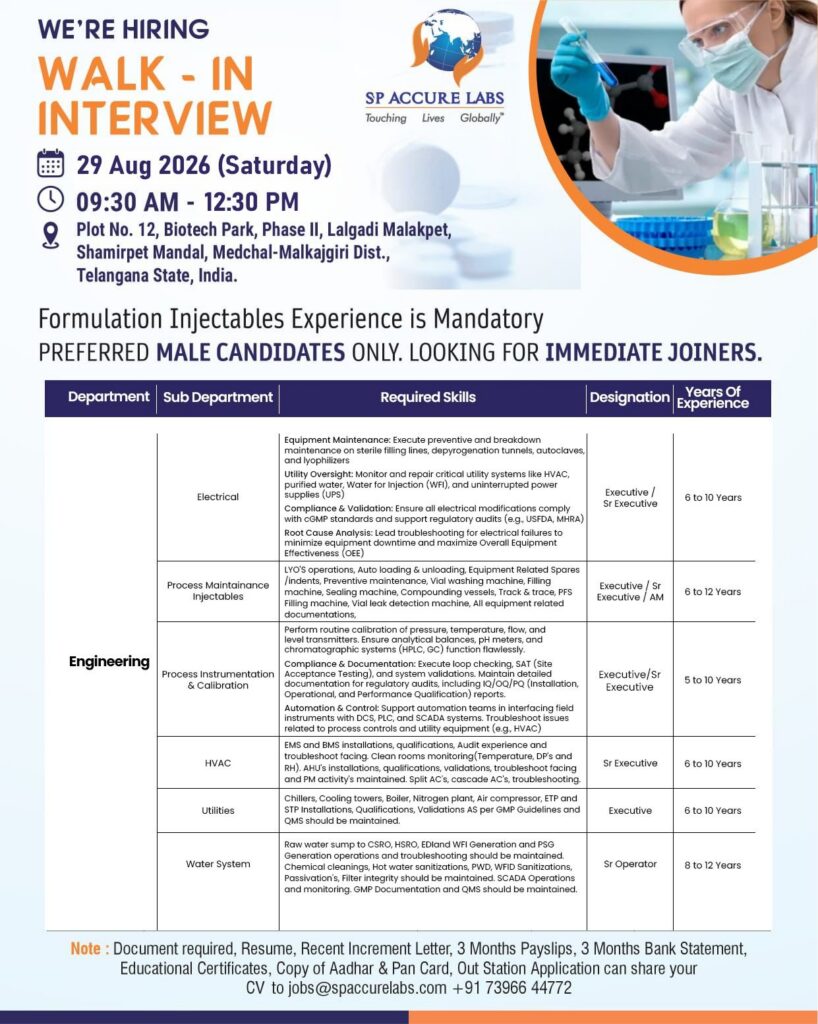 SP Accure Labs Walk-In Interview 2026 | Multiple Pharma Jobs in Hyderabad