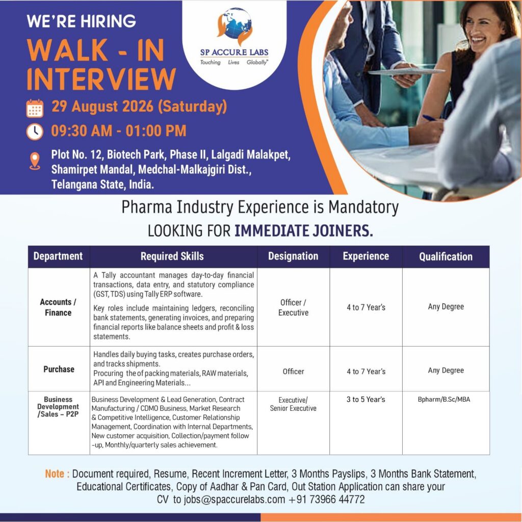 SP Accure Labs Walk-In Interview 2026 | Multiple Pharma Jobs in Hyderabad