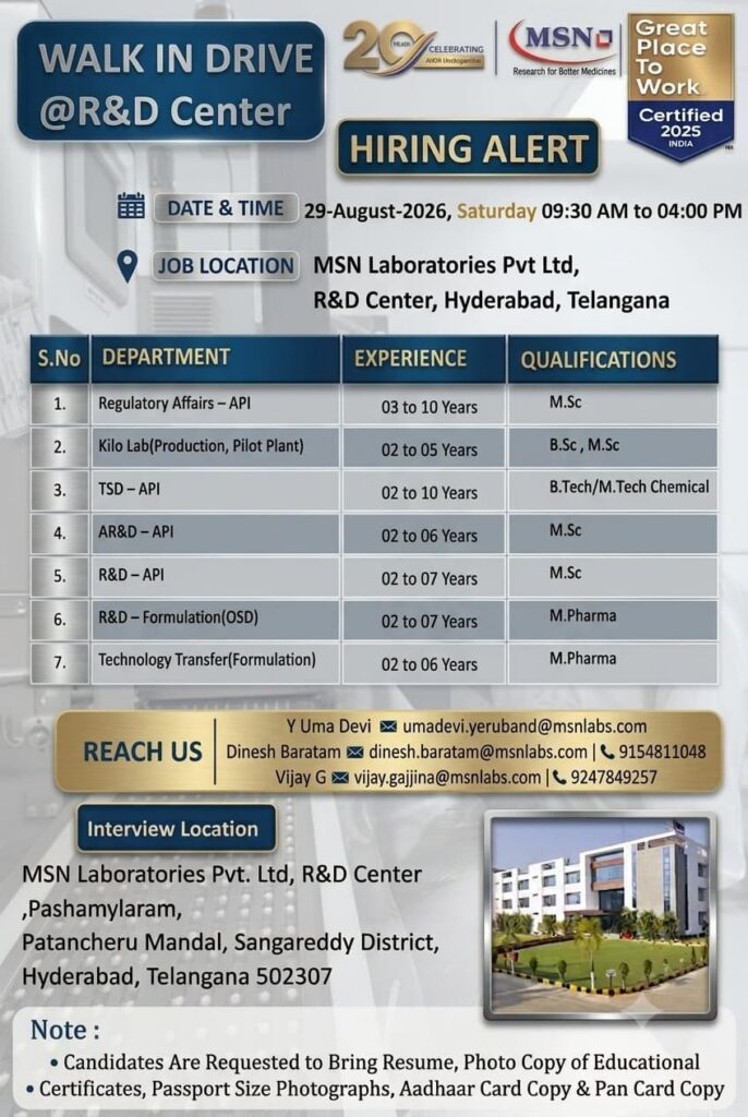 MSN Laboratories Hiring – Walk-In Drive at R&D Center, Hyderabad