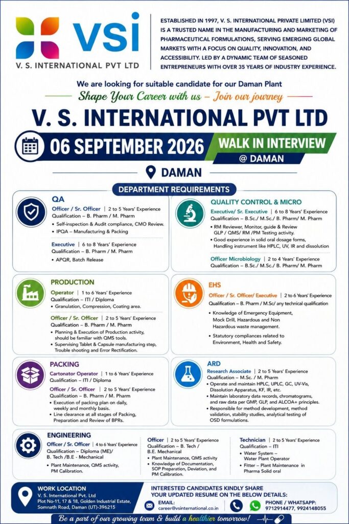 V. S. International Pvt. Ltd. Hiring | Walk-In Interview – Daman