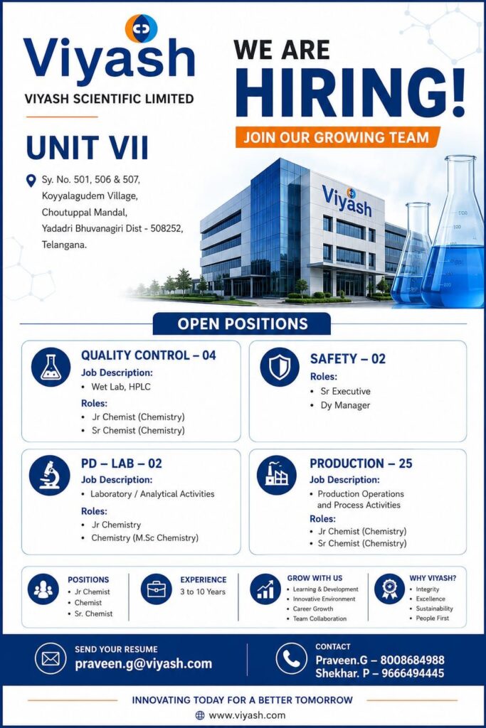 Viyash Scientific Limited is Hiring | Unit VII