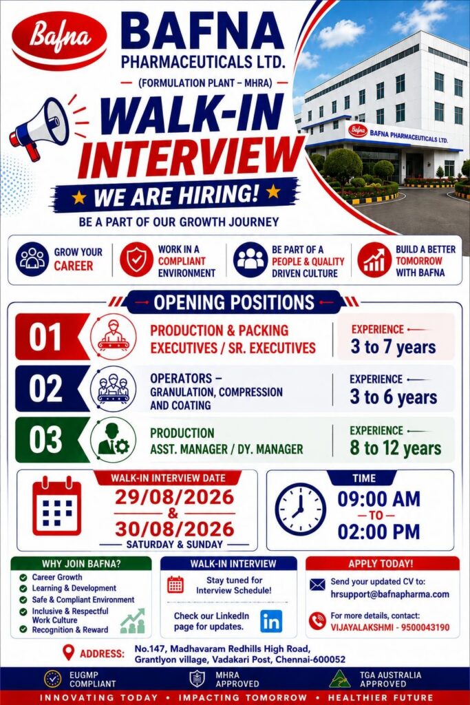 Bafna Pharmaceuticals Walk-In Interview 2026