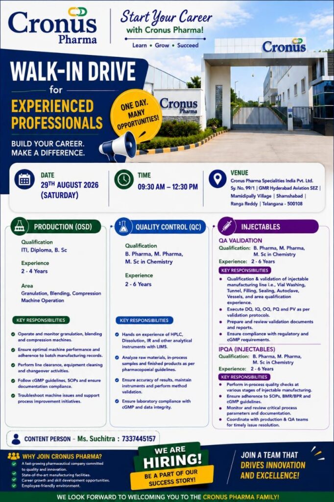 Cronus Pharma Walk-In Drive 2026 | Experienced Professionals