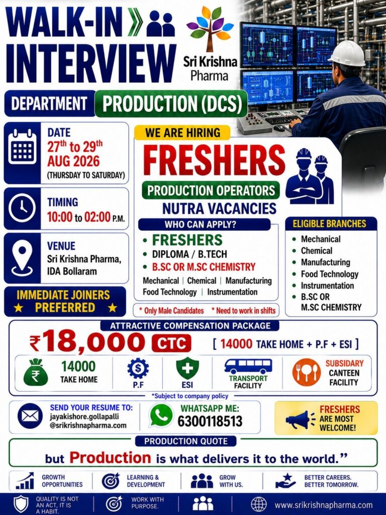 Sri Krishna Pharma Hiring – Freshers | Production Operators