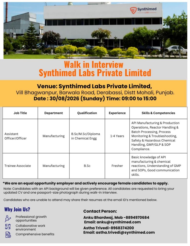 Walk-In Interview at Synthimed Labs Private Limited