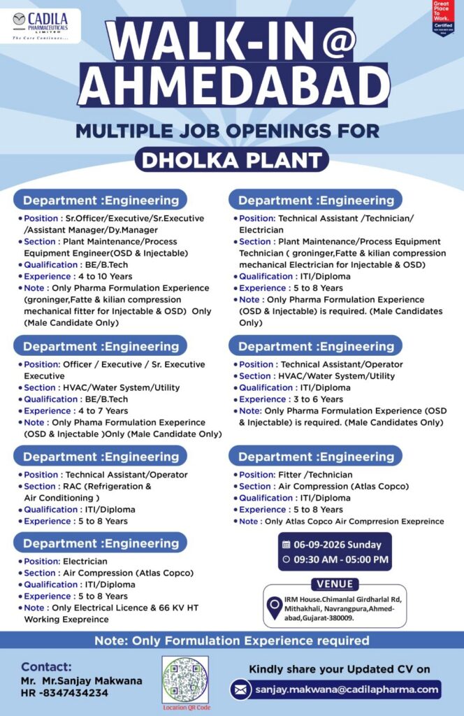 Cadila Pharmaceuticals Walk-In Interview – Multiple Engineering Jobs