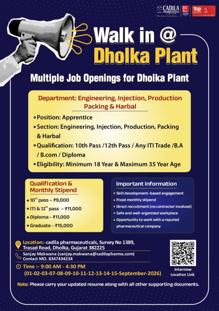Cadila Pharmaceuticals Recruitment 2026: Apprentice Walk-In Jobs