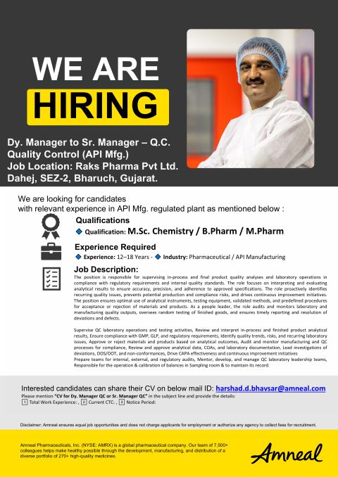 Raks Pharma Hiring for Dy. Manager to Sr. Manager – QC in Dahej
