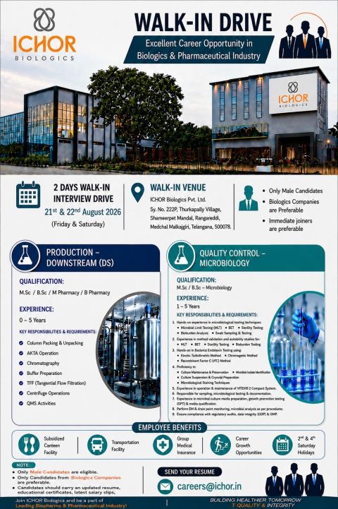 Ichor Biologics Walk-In Drive for Production & QC Jobs