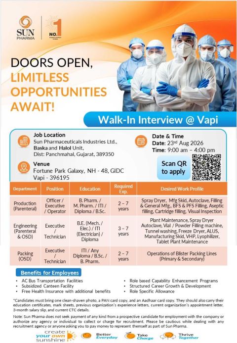 Sun Pharma Walk-In Interview – Vapi