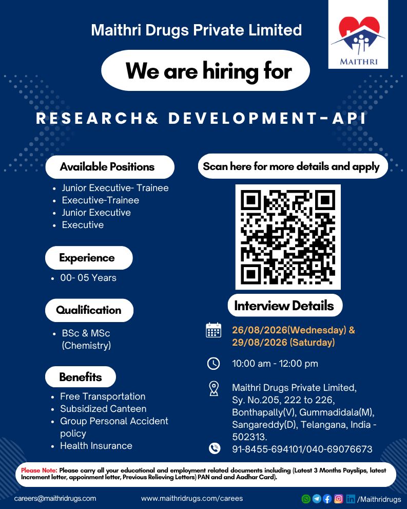 Maithri Drugs Private Limited Hiring 2026 | R&D – API Jobs