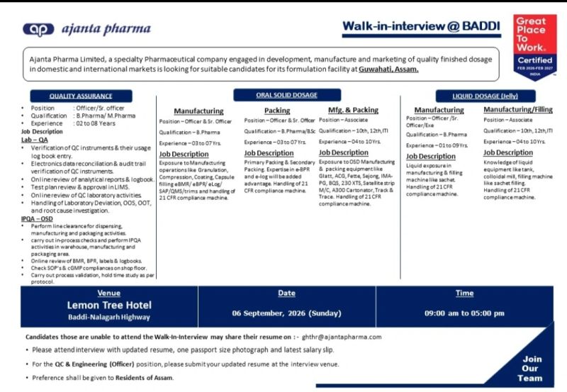 Ajanta Pharma Walk-In Interview 2026