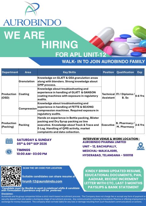 Aurobindo Pharma Walk-In Interview for Production & Packing Jobs Aurobindo Pharma Walk-In Interview for Production & Packing Jobs