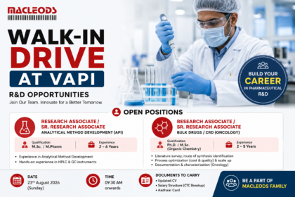 Macleods Pharmaceuticals Walk-In Interview 2026 – Research Associate Jobs in Vapi, Gujarat
