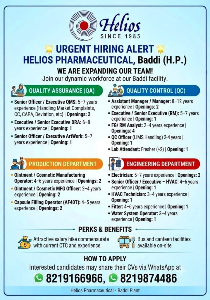 Helios Pharmaceutical Baddi Jobs 2026