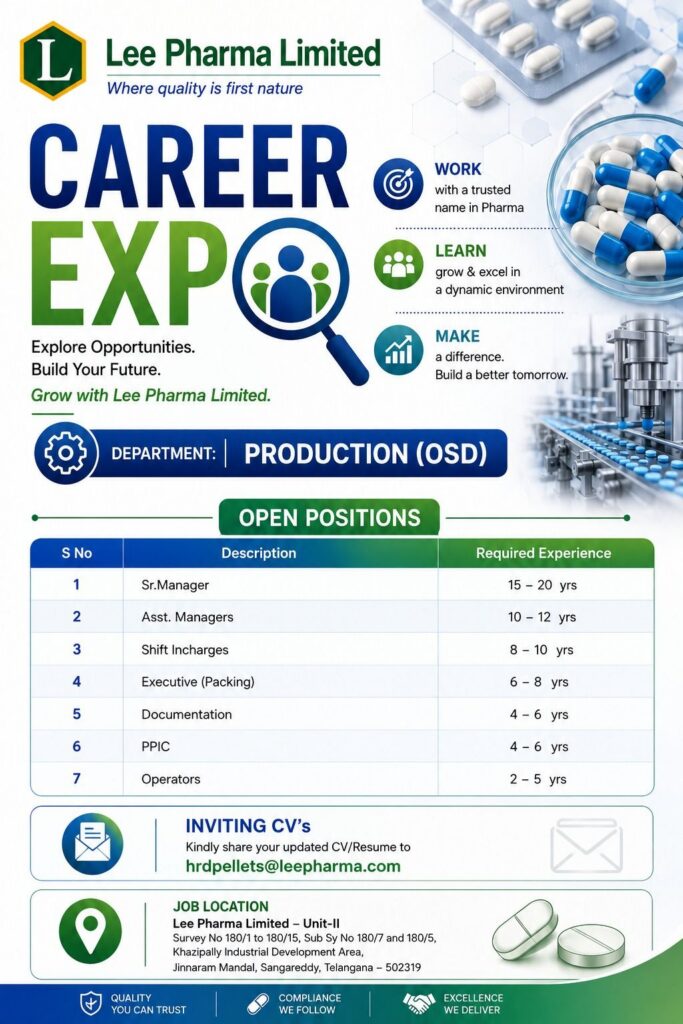 Lee Pharma Limited Recruitment 2026: Multiple Job Openings