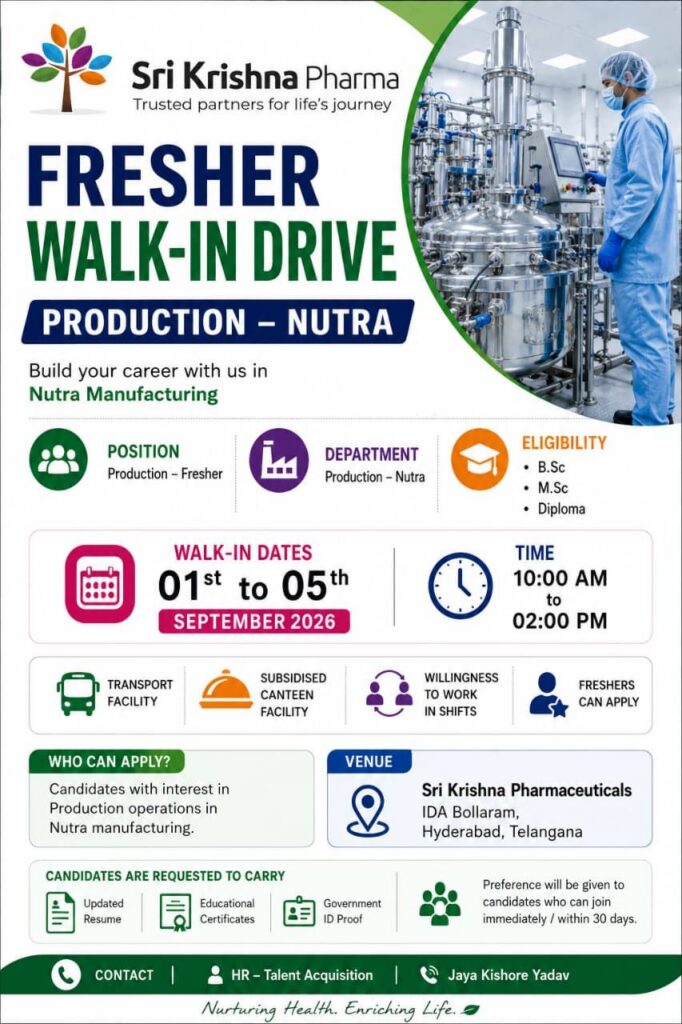 Sri Krishna Pharma Freshers Walk-In Drive – Production Jobs in Hyderabad