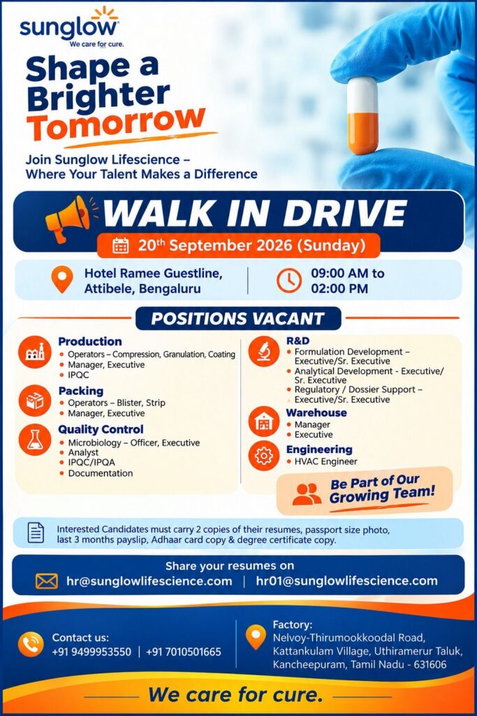 SunGlow Lifescience Walk-In Interview 2026 – Multiple Pharma Jobs