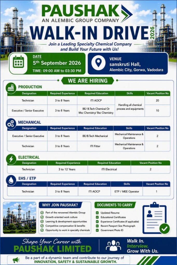 Paushak Limited Walk-In Interview for Production, Mechanical, Electrical & EHS Jobs in Vadodara