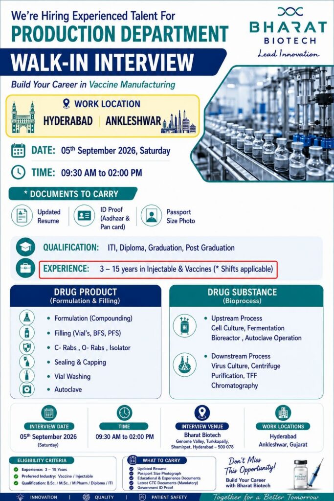 Bharat Biotech Walk-In Interview 2026