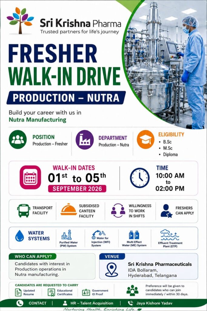 Sri Krishna Pharma Walk-In Interview for Production, QC & Fresher Jobs