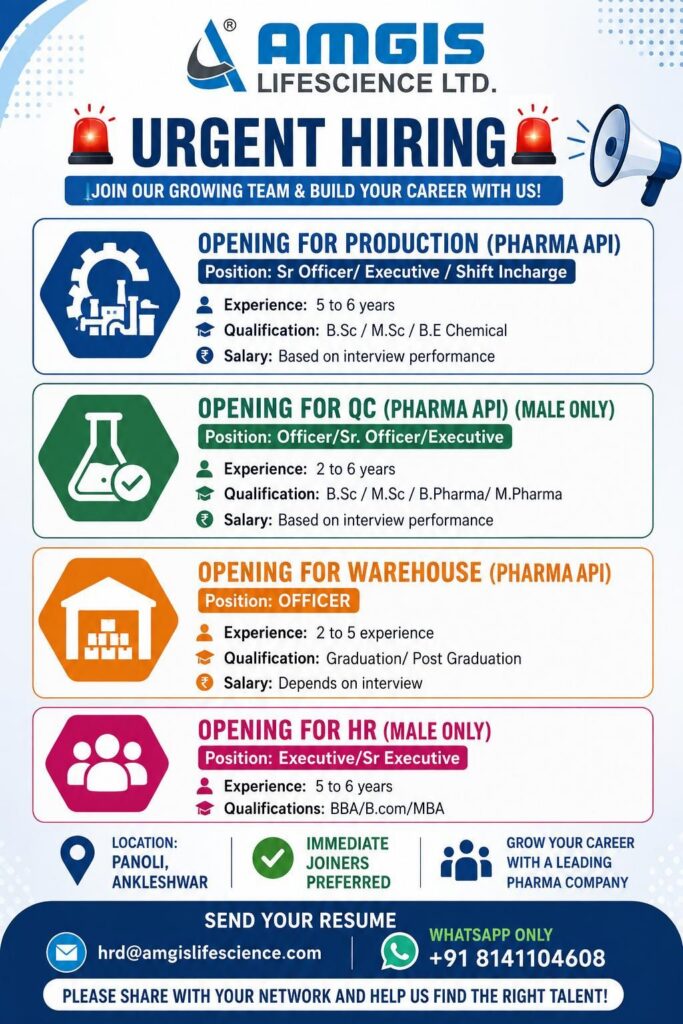 Urgent Hiring at AMGIS Lifescience Ltd. – Panoli, Ankleshwar