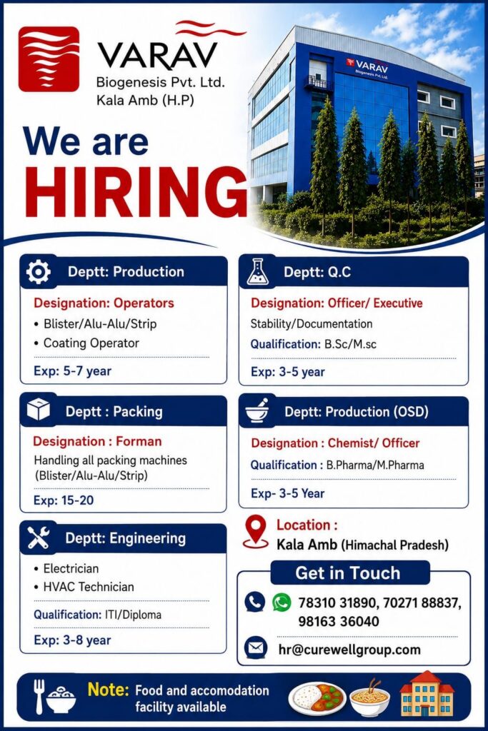 Varav Biogenesis Pvt. Ltd. Recruitment – Multiple Pharma Jobs in Kala Amb