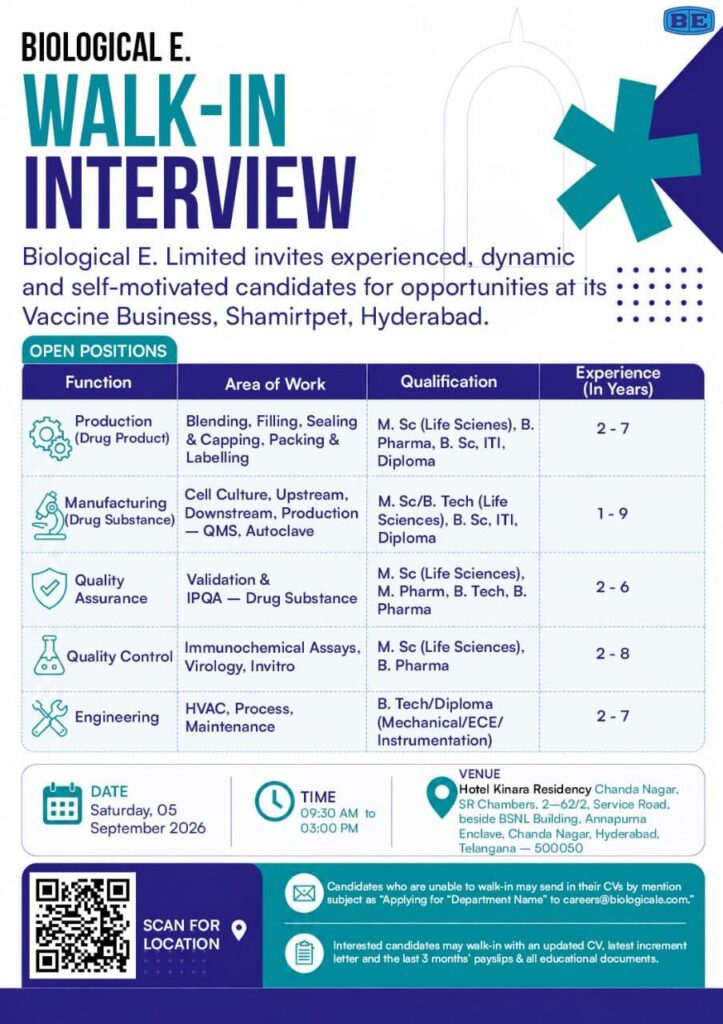 Biological E Walk-In Interview 2026