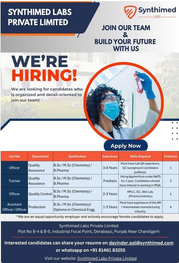 Synthimed Labs Jobs 2026: QA, QC & Production Vacancies in Derabassi