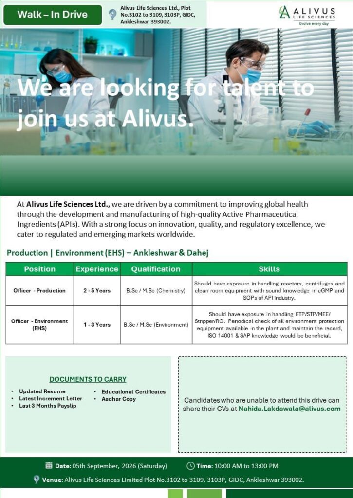 Alivus Life Sciences Walk-In Interview for Production & EHS Jobs 