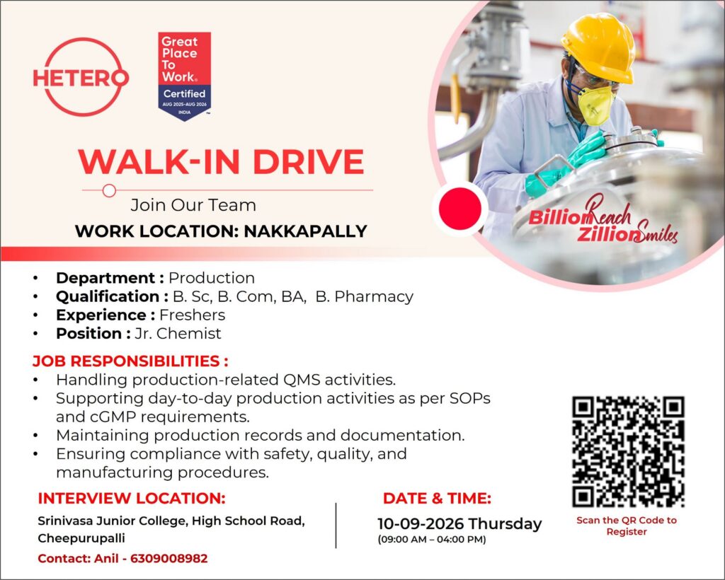 Hetero Labs Walk-In Drive for Freshers – Production | Jr. Chemist